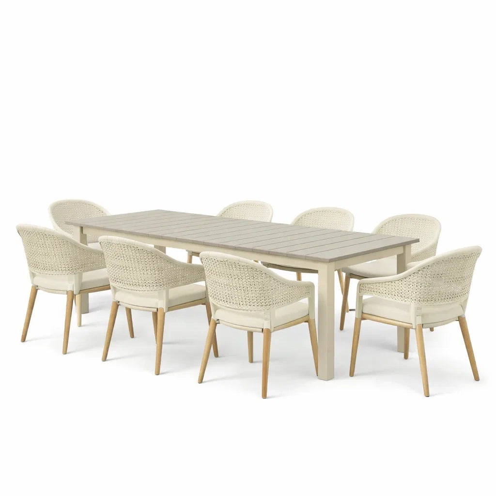 Ensemble de table et chaises en bois et aluminium beige 8 places - 2026