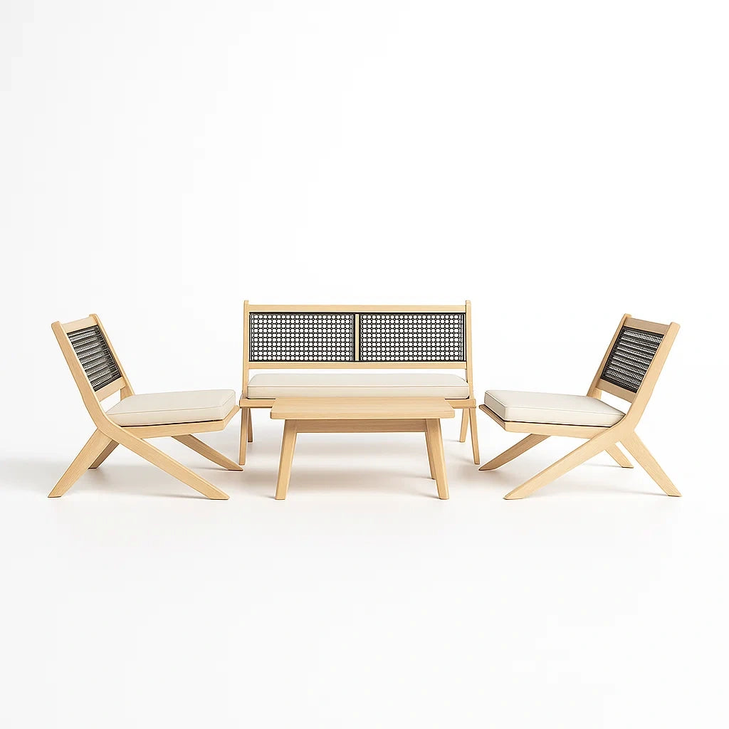 Salon de jardin en bois avec coussins et table basse - 2026