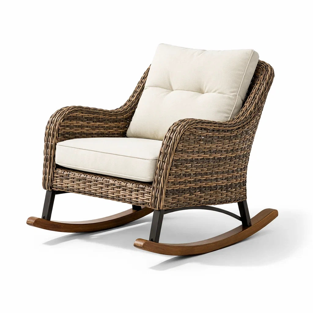 Fauteuil à bascule de terrasse en osier brun avec coussins beiges - 2026