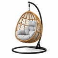 Fauteuil suspendu œuf avec support en rotin beige et métal avec coussin gris - 2026