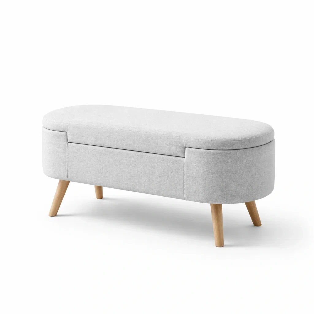 Banc de rangement en tissu écru avec pieds en bois - 2026