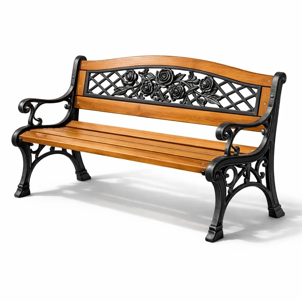 Banc de jardin en bois et fonte avec motif floral - 2026