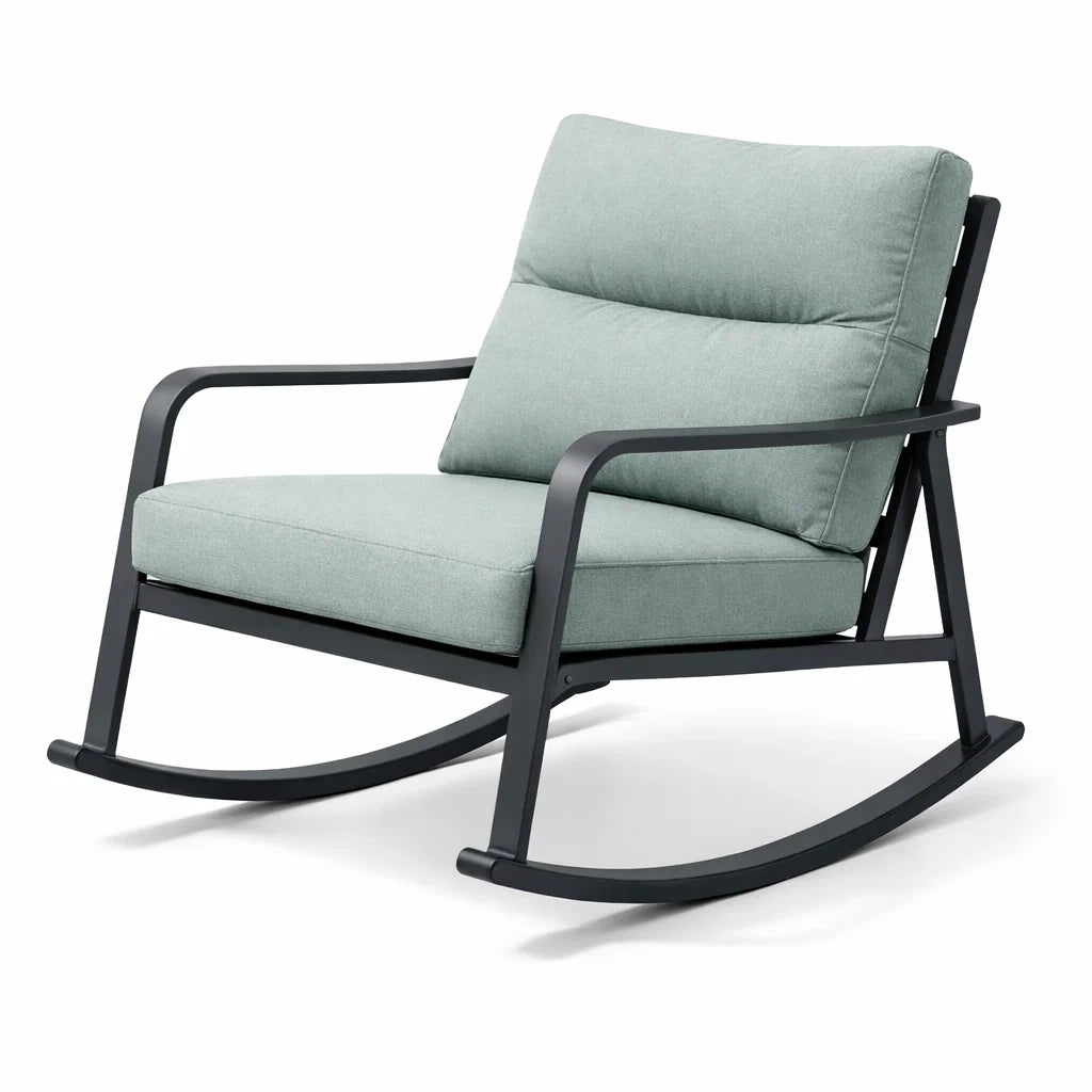 Fauteuil à bascule de terrasse en métal noir avec coussins en tissu polyester vert - 2026
