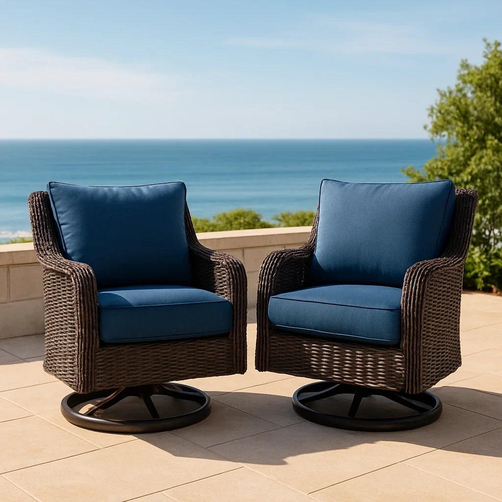 Lot de 2 fauteuils de jardin pivotants en résine tressée avec coussins bleu marine - 2026