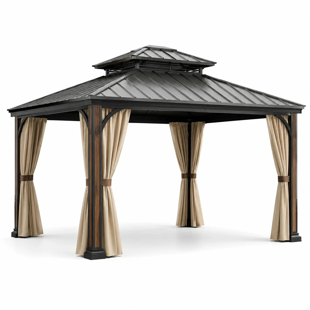 Tonnelle en métal avec toit en acier et rideaux beige 400x300 cm - 2026
