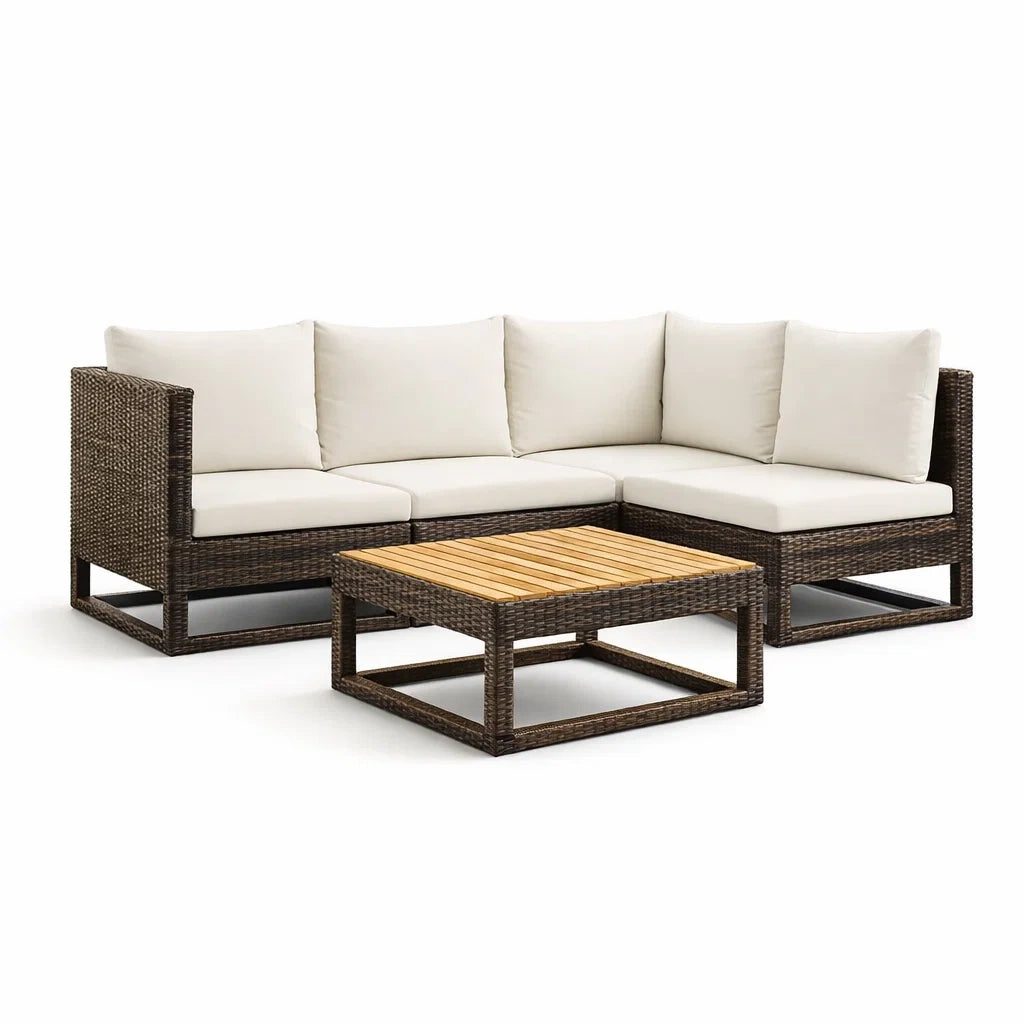 Ensemble de canapés en rotin marron avec coussin beige et table en bois - 2026