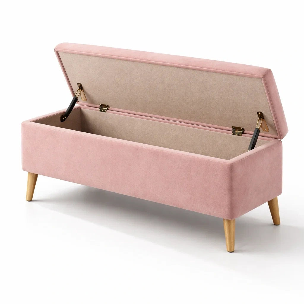Banc de rangement en velours rose avec pieds en bois - 2026