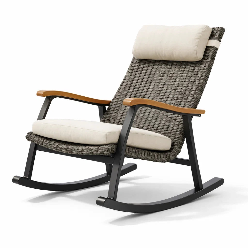 Fauteuil à bascule de terrasse en rotin synthétique avec accoudoirs en bois de teck - 2026