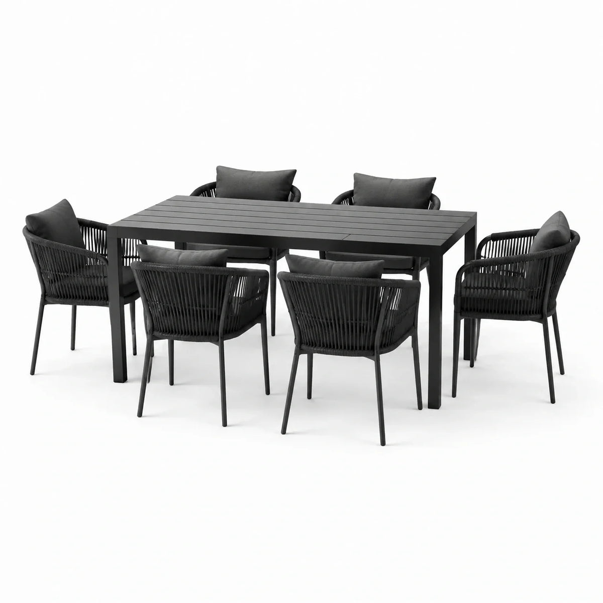 Salon de jardin 7 pièces noir et gris anthracite avec table 180 × 90 × 75 cm et 6 fauteuils 58 × 60 × 82 cm - 2026