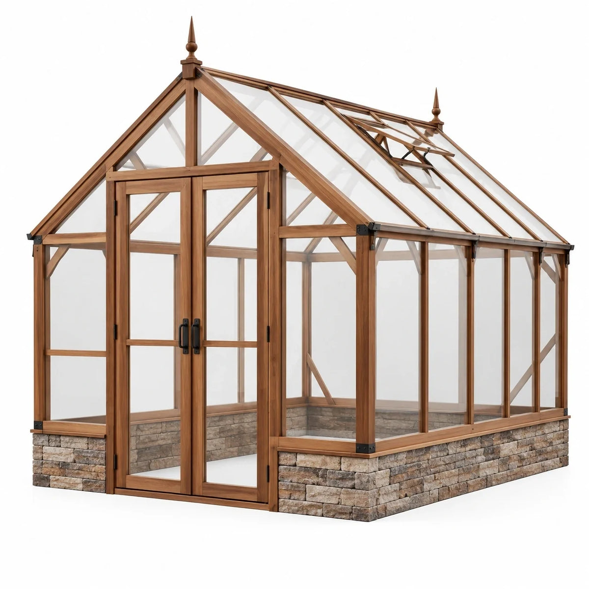 Serre de jardin en bois marron avec panneaux transparents, soubassement gris pierre et ferrures noires, 244 × 183 × 245 cm - 2026