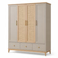Armoire 4 portes et 3 tiroirs en bois et cannage, taupe, chêne naturel et doré, 180 × 55 × 200 cm - 2026