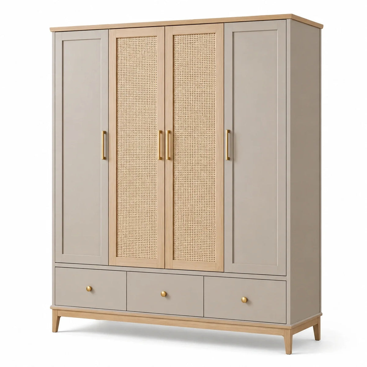 Armoire 4 portes et 3 tiroirs en bois et cannage, taupe, chêne naturel et doré, 180 × 55 × 200 cm - 2026