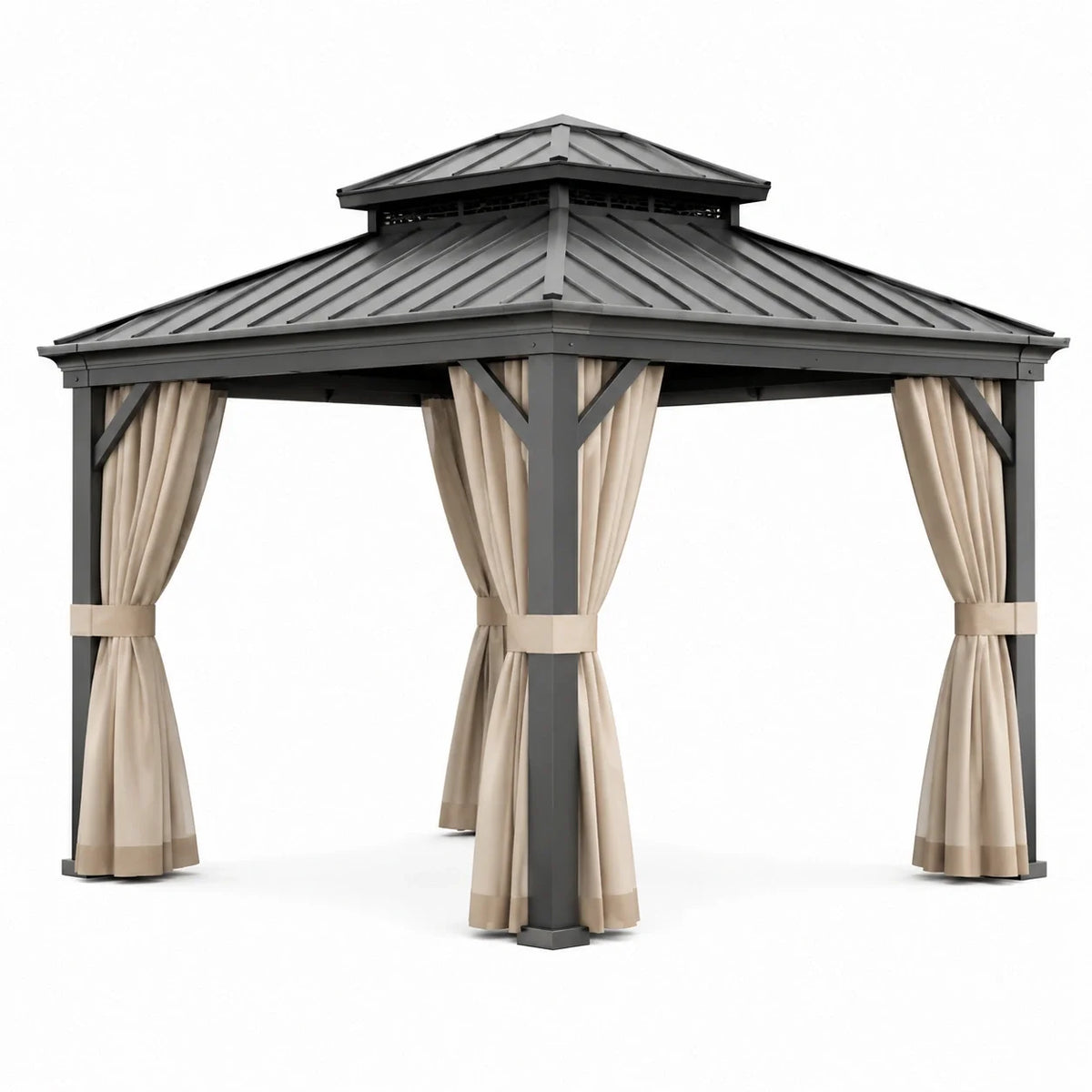 Tonnelle de jardin 300 × 300 × 275 cm avec structure métallique anthracite, toit rigide et rideaux beiges - 2026