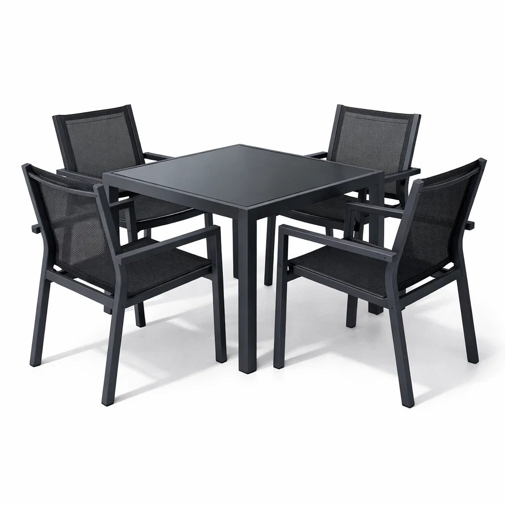 Ensemble table et chaises en métal et verre noir - 2026