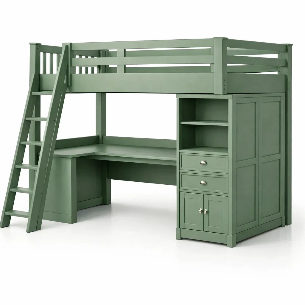 Lit mezzanine en bois avec bureau et rangement intégrés vert - 2026
