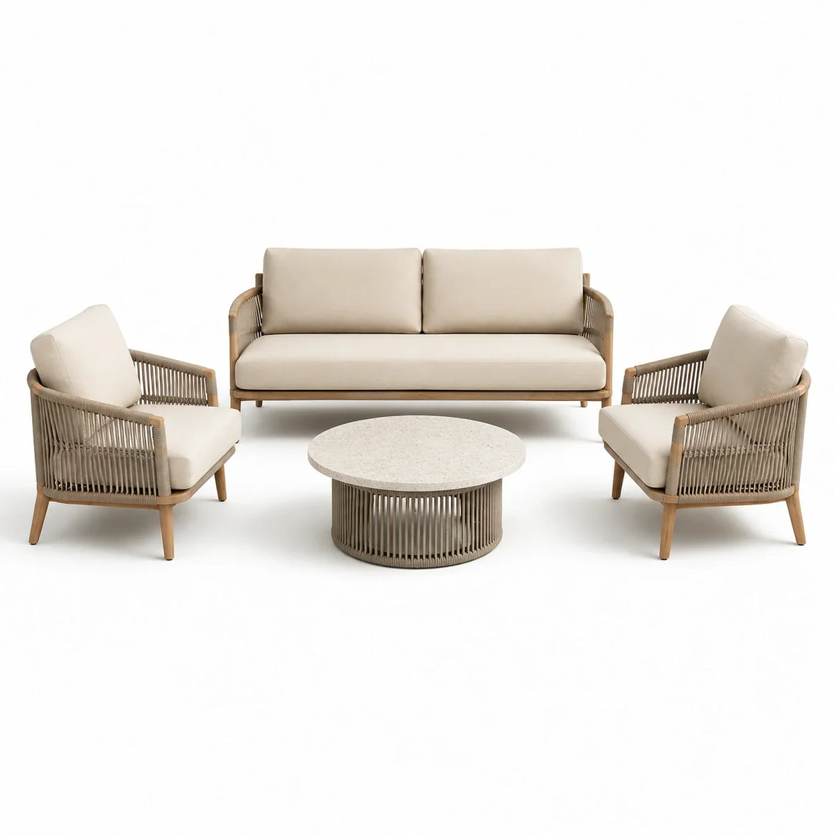 Ensemble de salon extérieur en bois et corde avec table en pierre - 2026