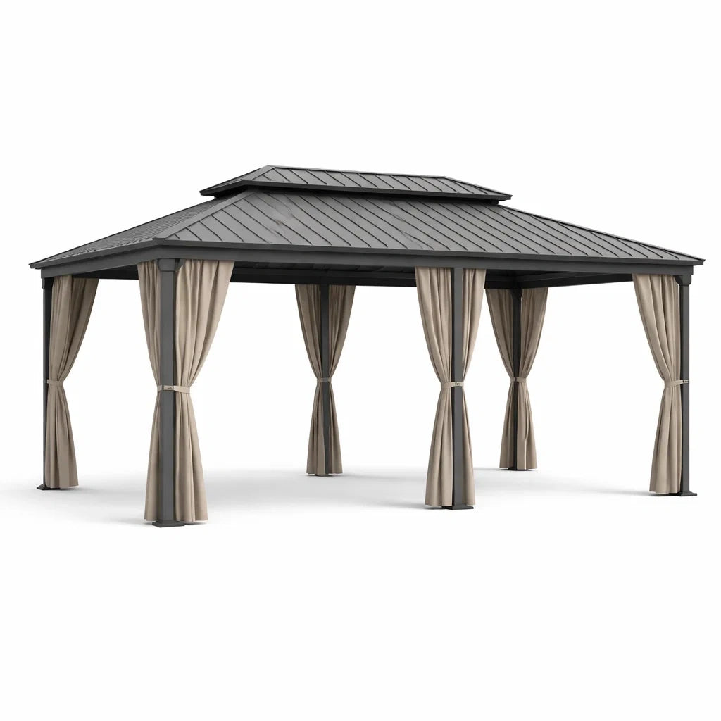 Pavillon de Jardin en Aluminium avec Toit en Acier et Rideaux Beige 400x300cm - 2026