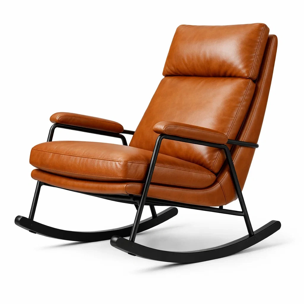 Fauteuil à bascule d’intérieur en cuir marron avec structure métallique - 2026