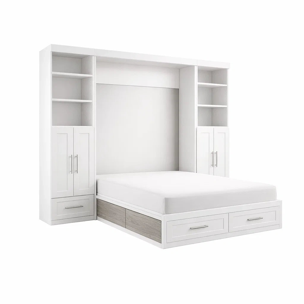Lit avec rangement escamotable avec bibliothèque intégrée en bois et MDF blanc - 2026