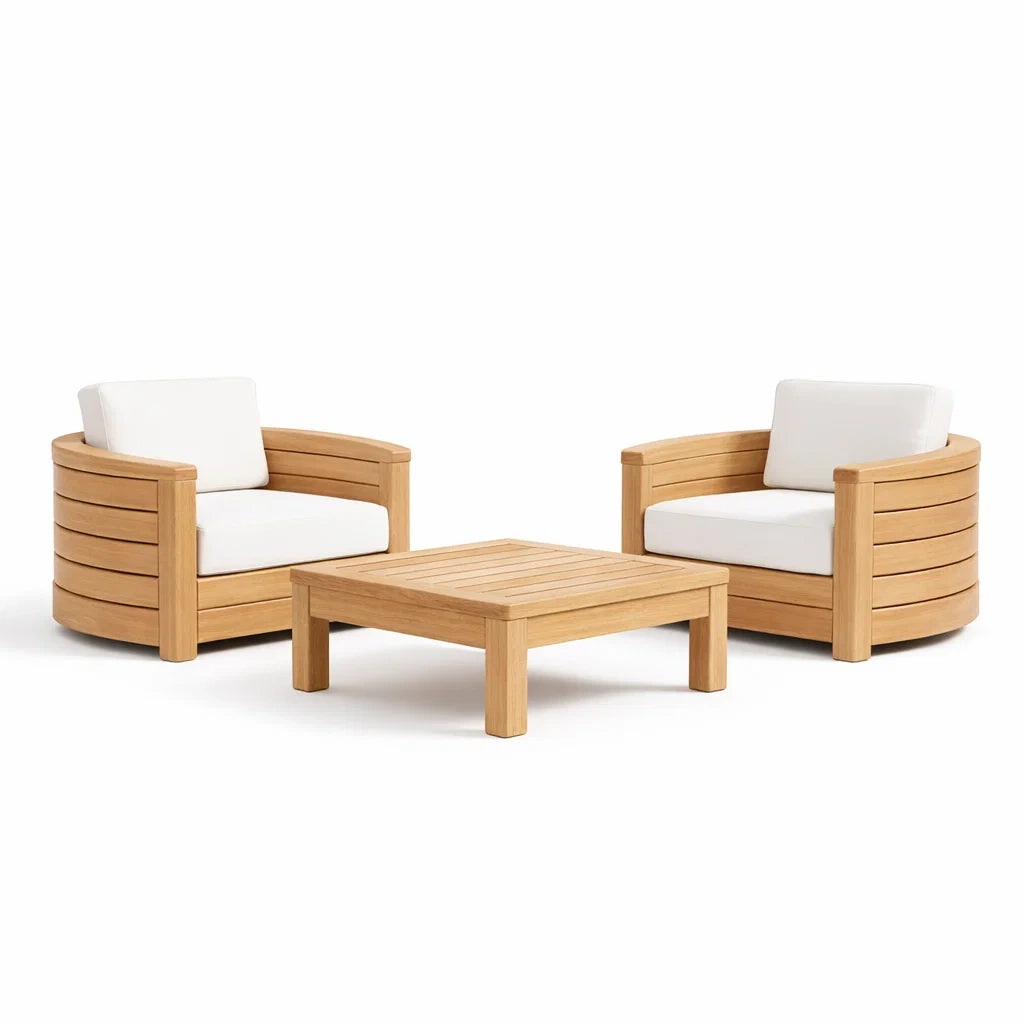 Ensemble de détente en bois avec fauteuils et table basse en tissu blanc - 2026