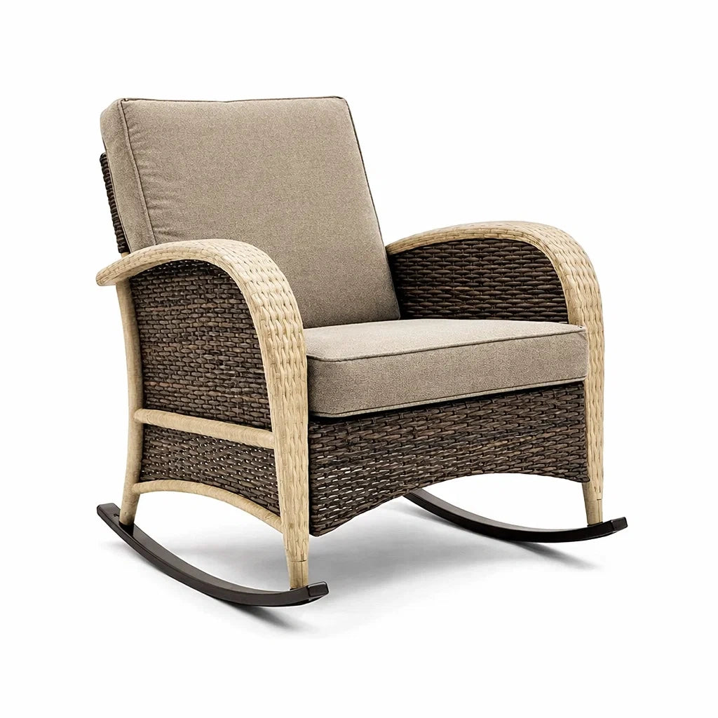 Fauteuil à bascule extérieur en rotin marron et beige avec coussins en polyester - 2026