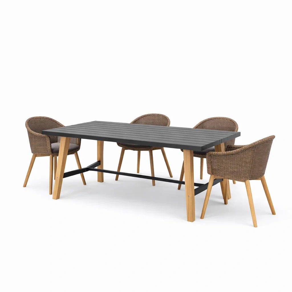 Ensemble table et chaises en aluminium noir avec chaises en rotin synthétique - 2026