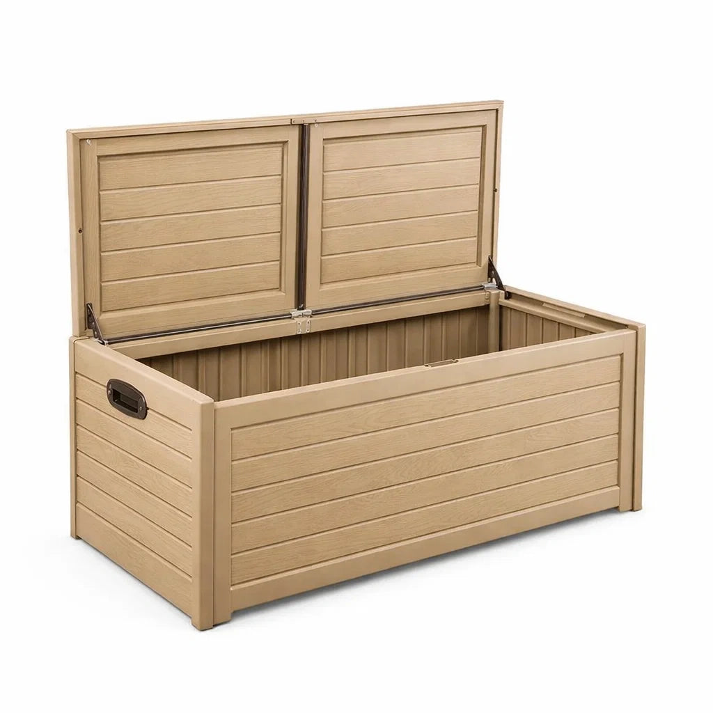 Coffre de rangement en plastique beige avec aspect bois - 2026