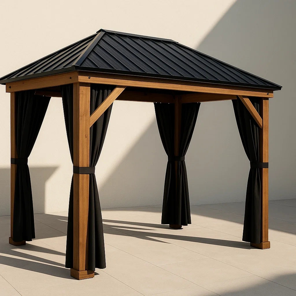 Tonnelles de jardin pavillon d'extérieur bois métal avec rideaux noirs 300x300x270 cm - 2026