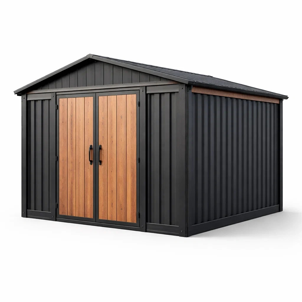 Abri de jardin en métal noir avec portes en bois 320x240x210 cm - 2026