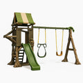 Espace de jeux en bois avec toboggan et balançoires vert et beige - 2026