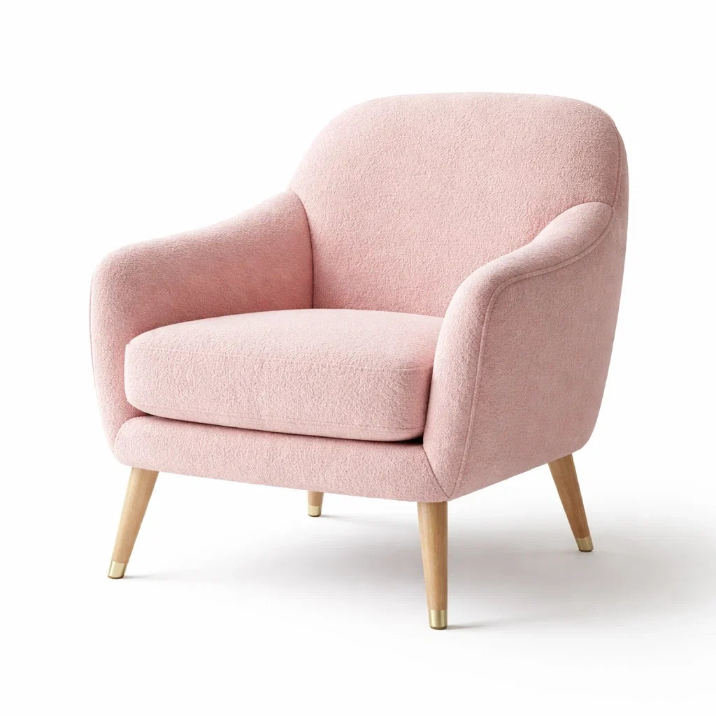 Fauteuil en tissu bouclé rose avec pieds en chêne - 2026