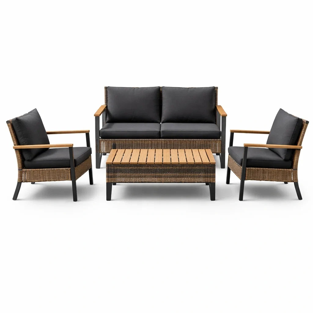 Ensemble de salon de jardin en rotin et aluminium avec coussins noirs - 2026