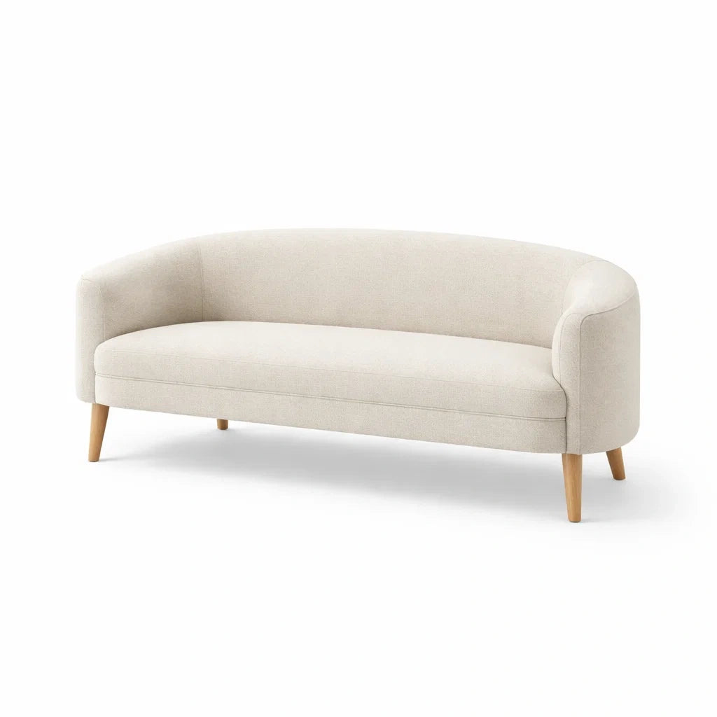 Canapé 3 Places Arrondi en Tissu Polyester Beige avec Pieds en Bois - 2026