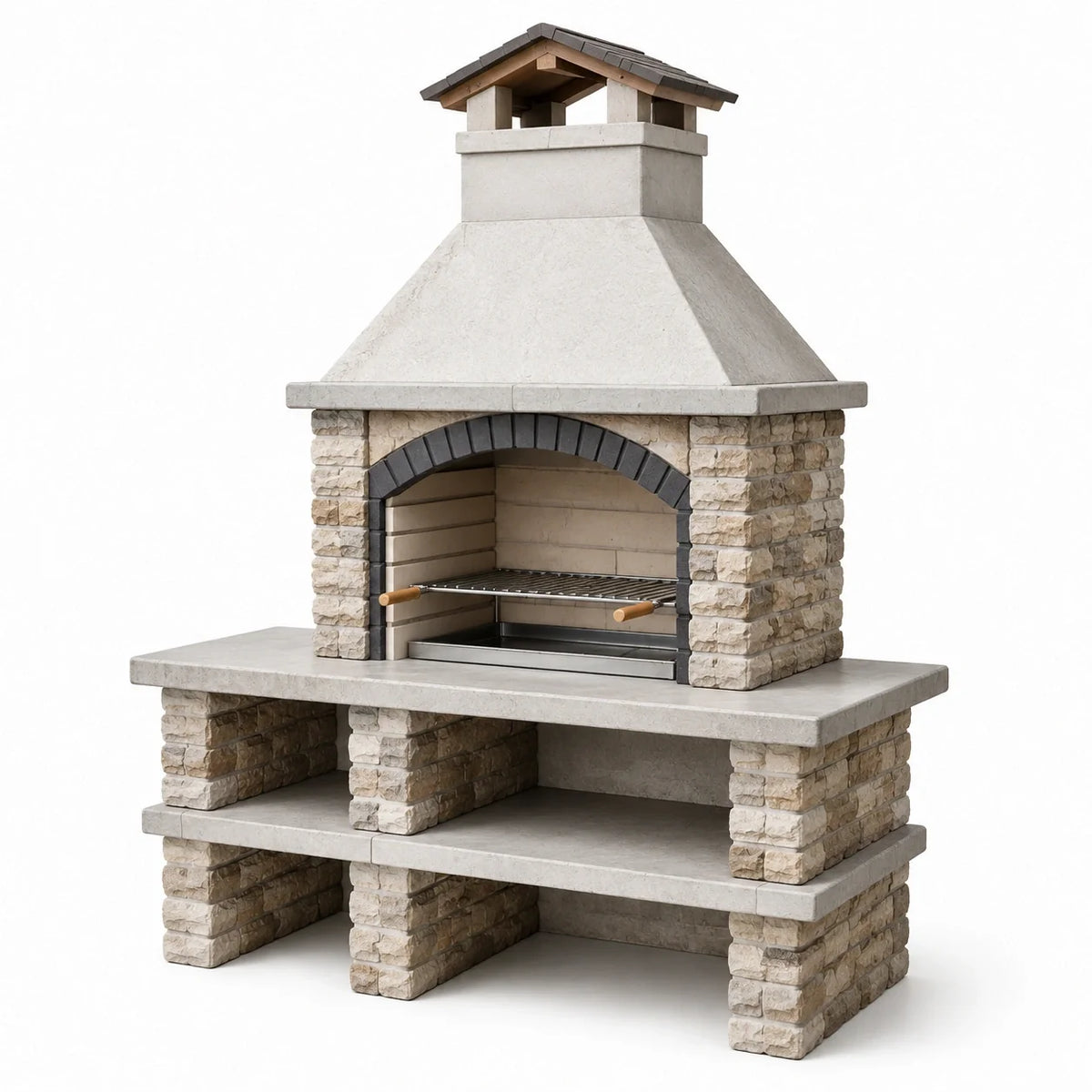 Barbecue de jardin en béton beige 160 × 65 × 220 cm avec grille, étagères et cheminée - 2026