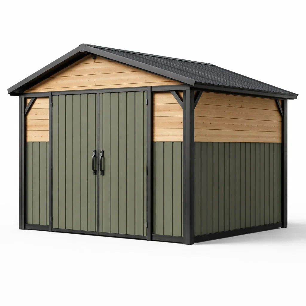 Abri de jardin en bois et métal vert avec toit en acier - 2026