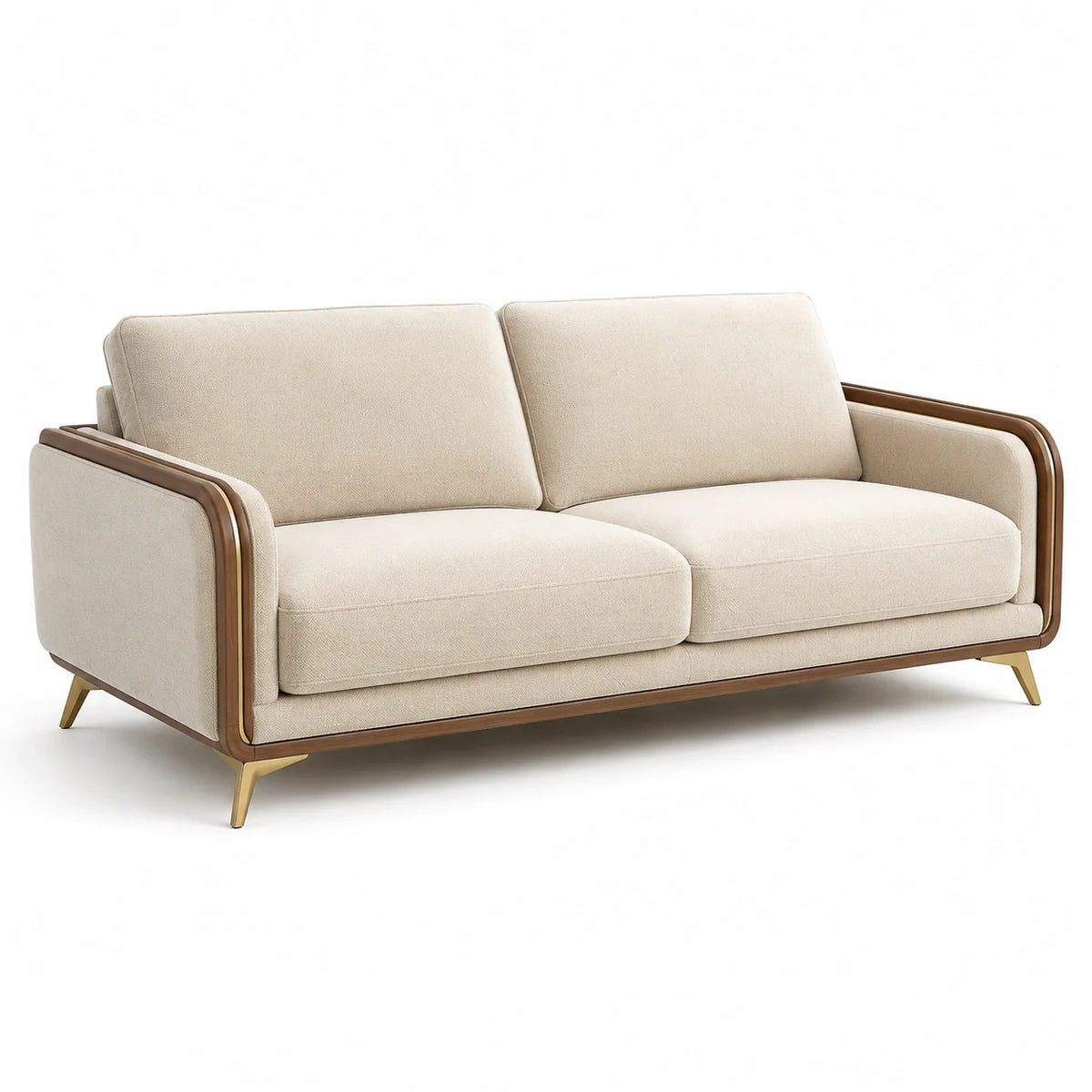 Canapé 2 places en tissu beige avec structure en bois et pieds métalliques - 2026