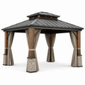 Pavillon de jardin en bois et métal avec rideaux, marron, anthracite, beige et gris pierre, 360 × 300 × 310 cm - 2026