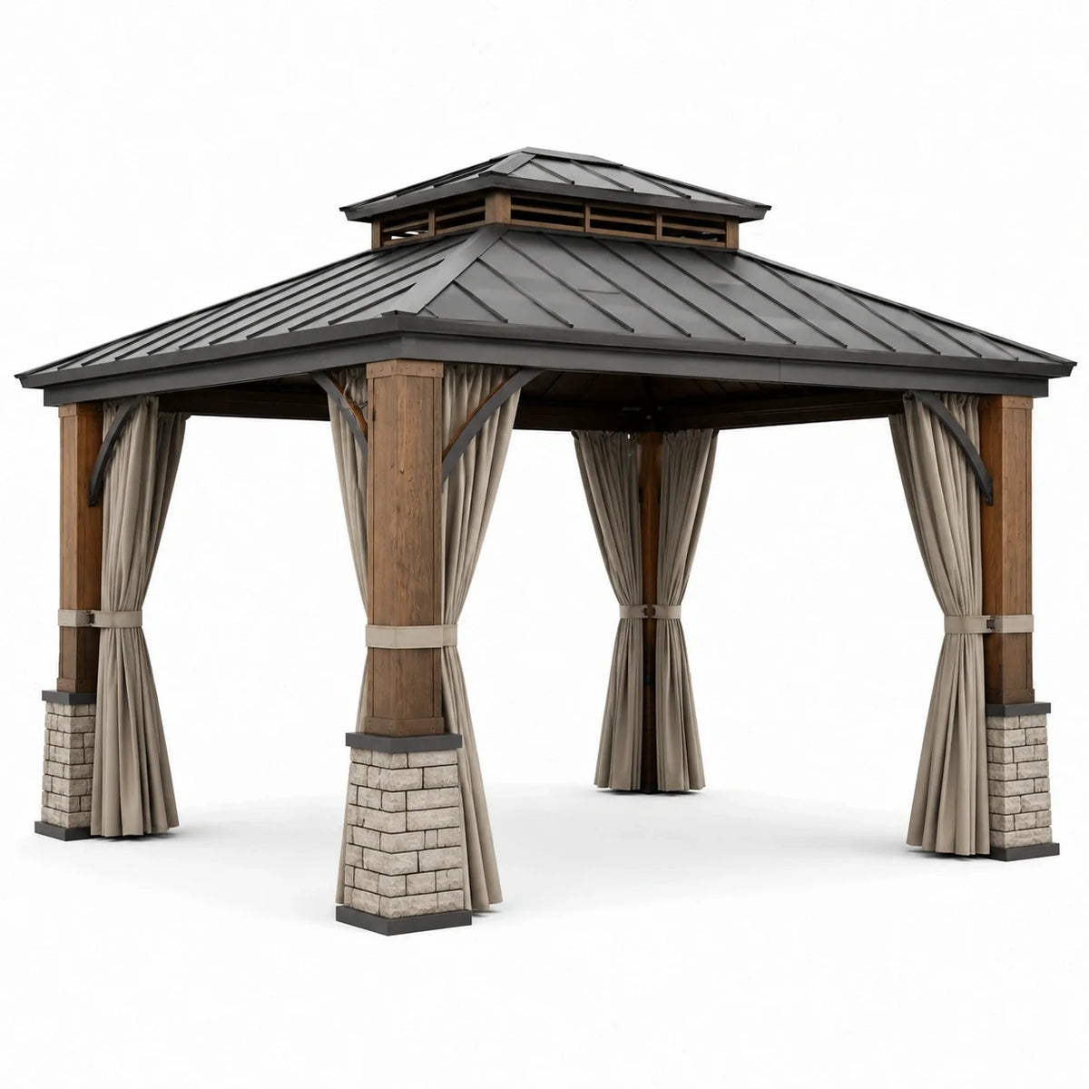Pavillon de jardin en bois et métal avec rideaux, marron, anthracite, beige et gris pierre, 360 × 300 × 310 cm - 2026