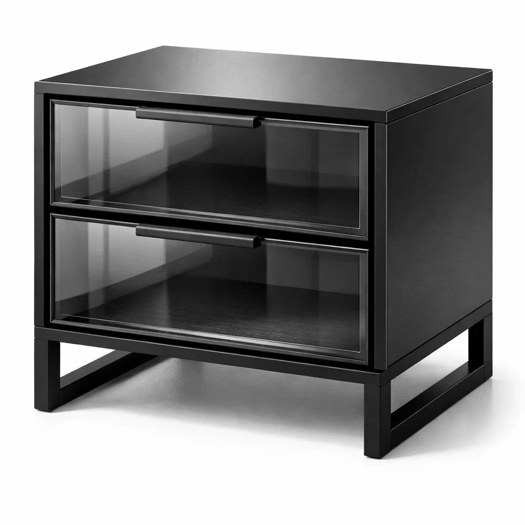 Table de chevet en acier noir avec tiroirs en verre fumé - 2026