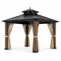 Pavillon en métal et bois avec rideaux en polyester, 3x3m, noir et brun - 2026
