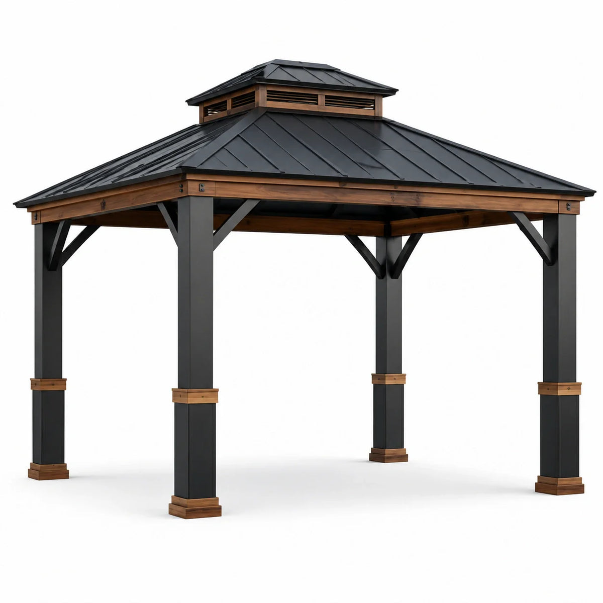 Pavillon en bois et acier avec toit en métal noir - 2026