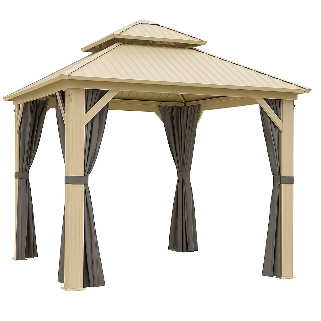 Tonnelle en métal beige avec rideaux gris 300x300 cm - 2026