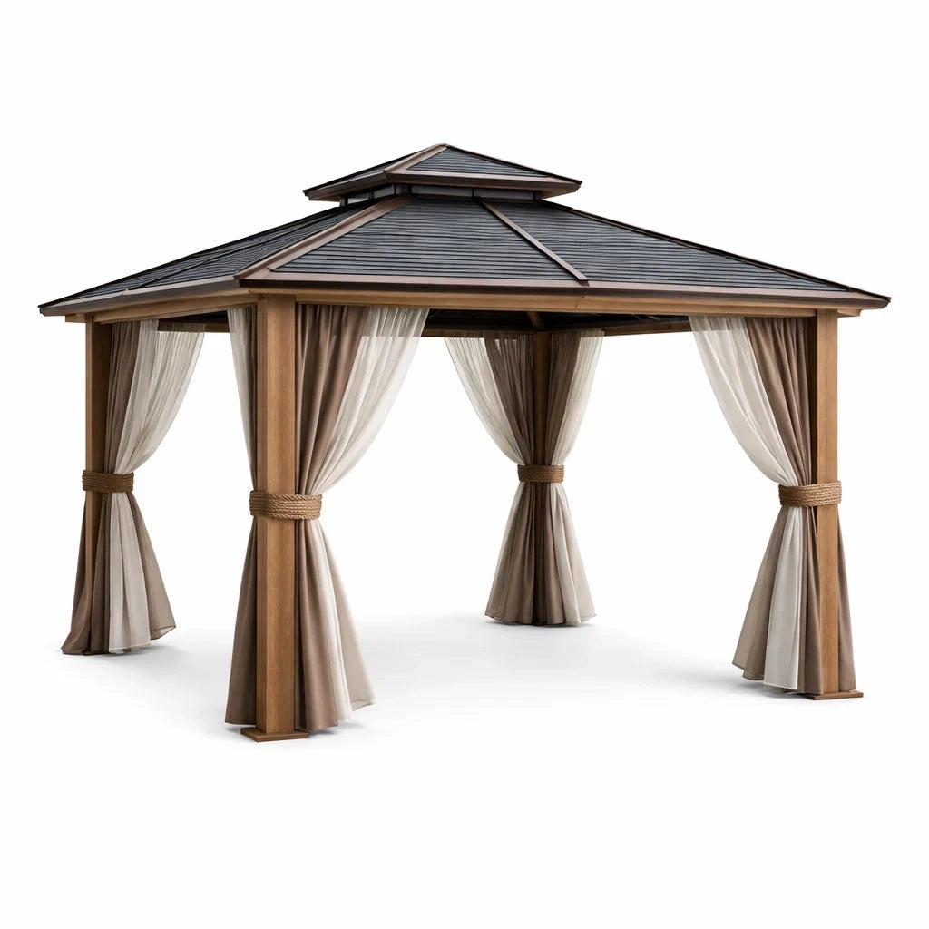 Pavillon de jardin en bois et acier avec rideaux en polyester - 2026