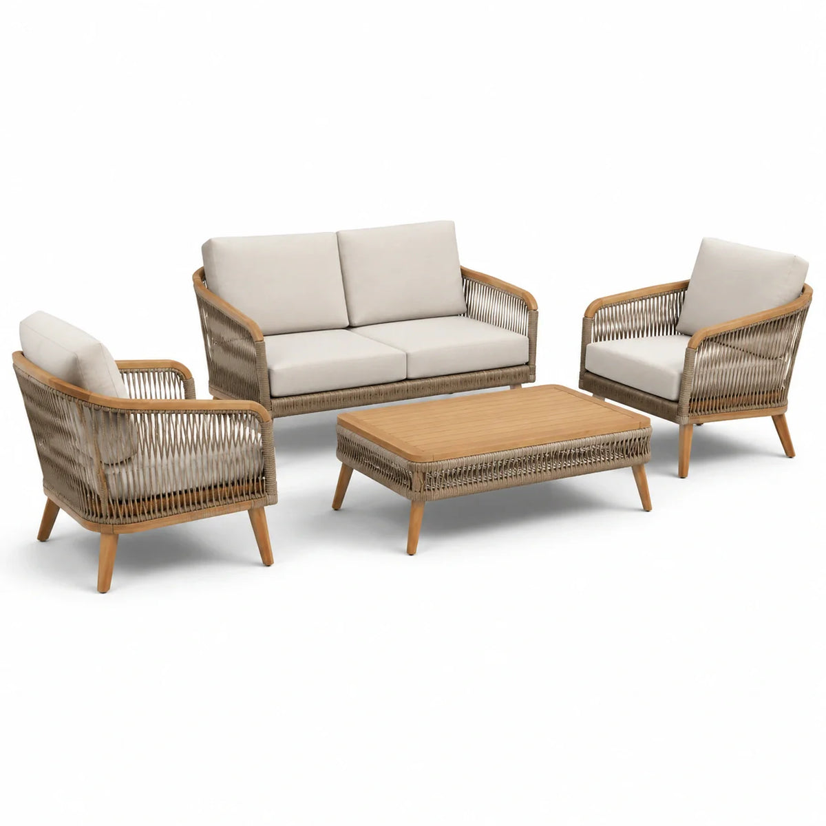 Ensemble de mobilier d'extérieur en bois et corde beige - 2026