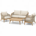 Ensemble de jardin 4 pièces beige et bois naturel avec canapé 145 × 75 × 76 cm, 2 fauteuils et table basse - 2026