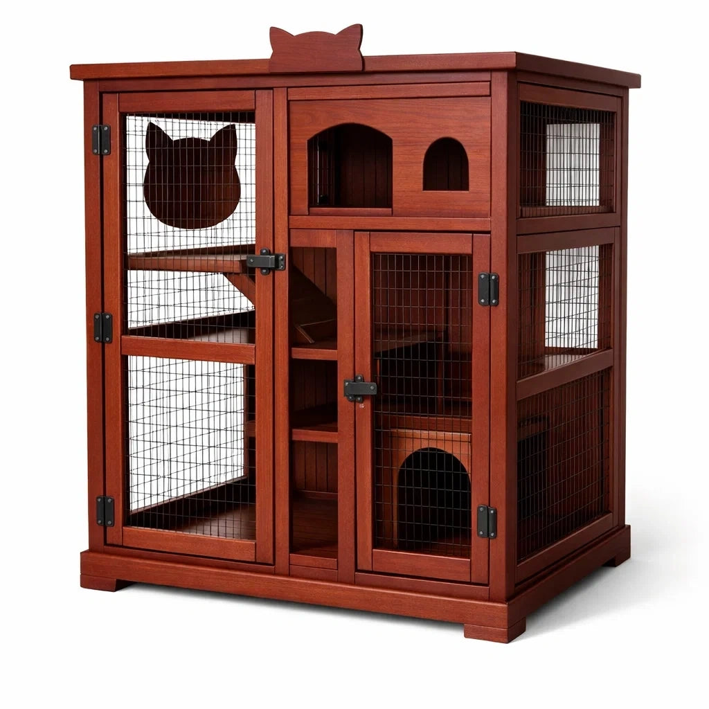 Cage à chat en bois avec structure en fil métallique - 2026