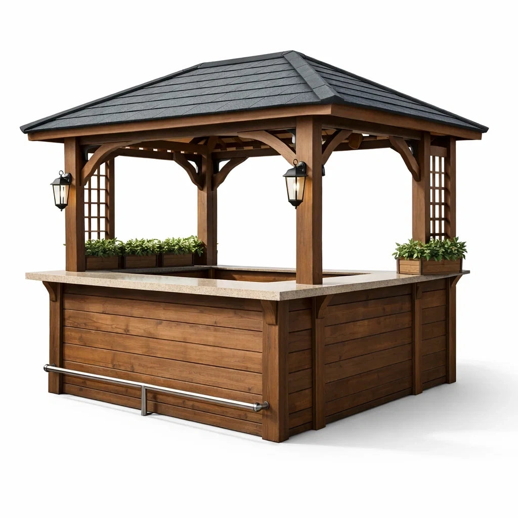Kiosque bar de jardin en bois avec bar intégré et toiture bitume noire - 2026