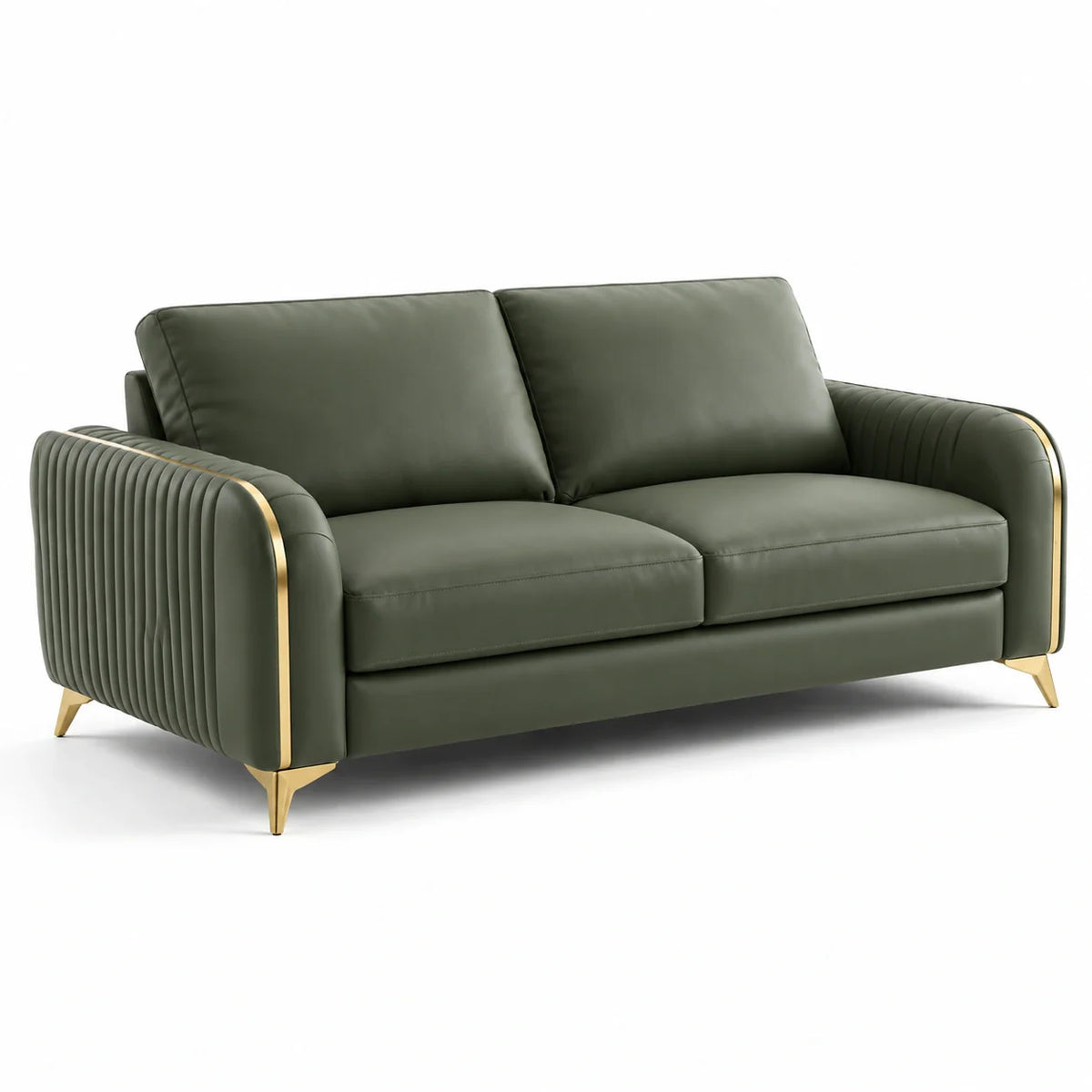 Canapé en cuir synthétique vert olive avec pieds métalliques dorés - 2026