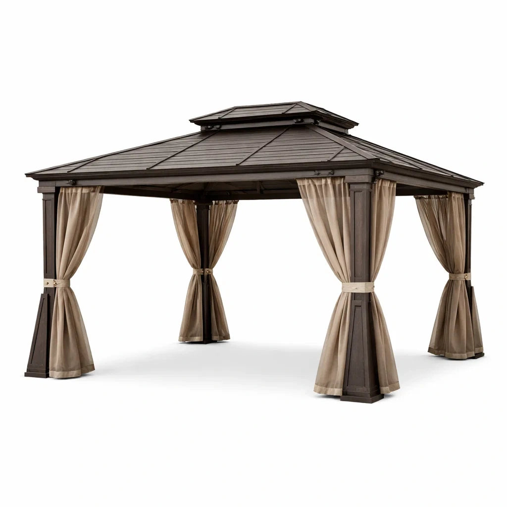Pavillon en métal avec rideaux en polyester Beige - 2026