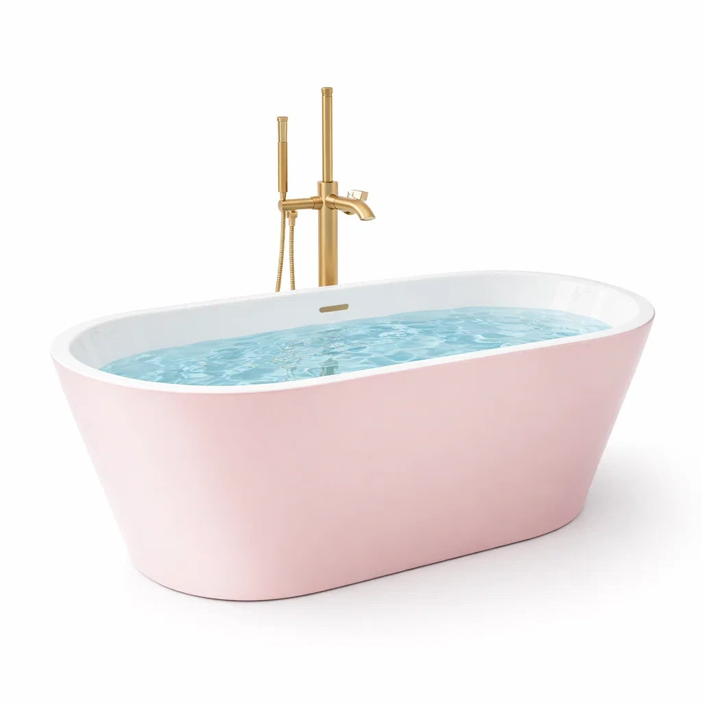 Baignoire îlot ovale en acrylique rose avec robinet doré - 2026